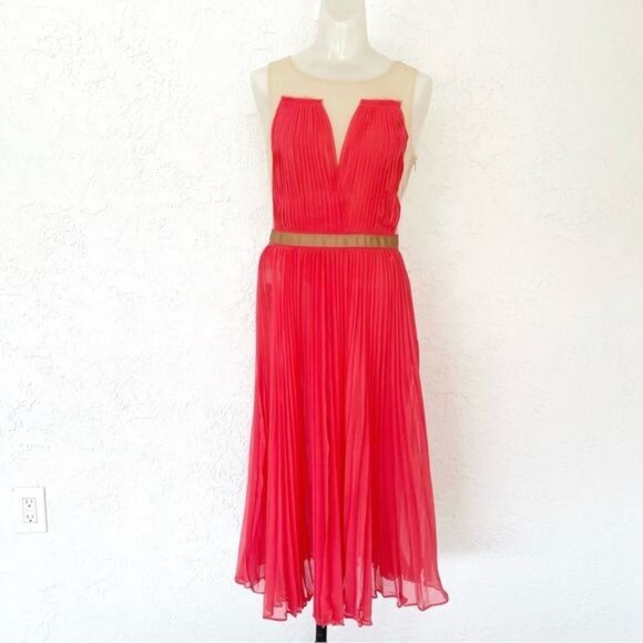 THREE FLOOR A-Line Crew Neck Pleated & Mesh Accents sleeve less Midi Dress 10 - Picture 2 of 13